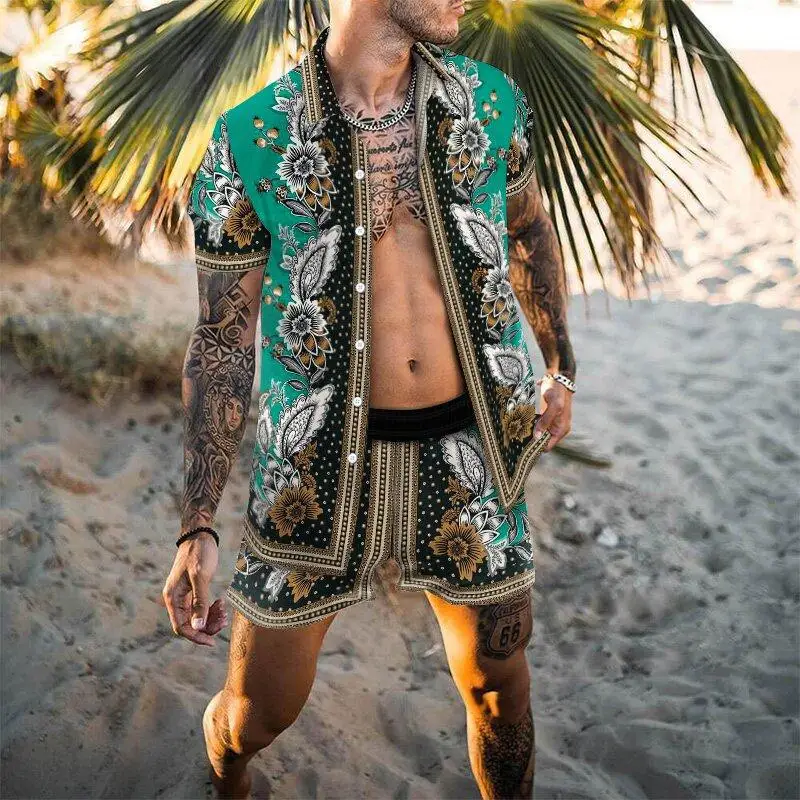 2022 Summer Beach Fashion Flower Print Two Piece Sets For Men Short Sleeve Shirt Shorts Suits Hawaiian Casual Male Outfit