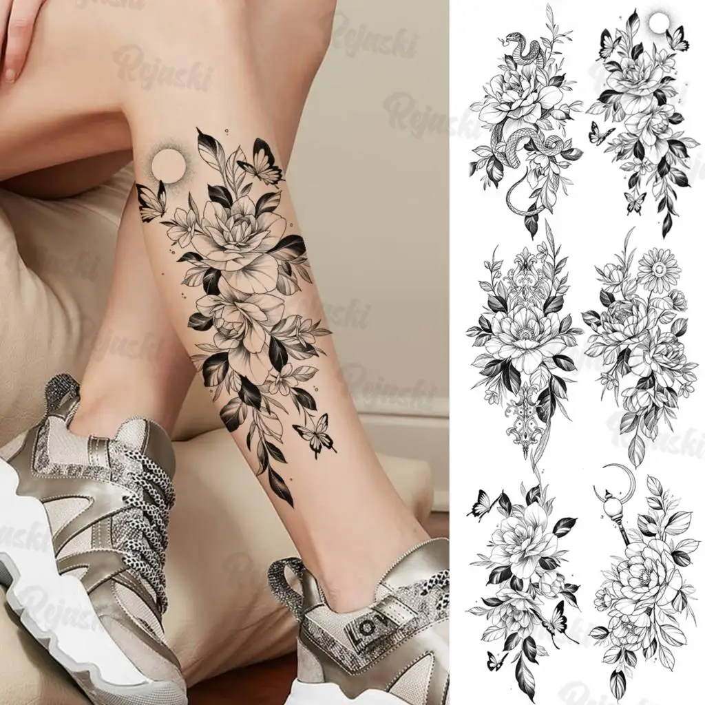 

Butterfly Floral Temporary Tattoos For Women Girls Realistic Snake Sun Flower Waterproof Fake Tattoo Sticker Leg Arm Tatoos 3D