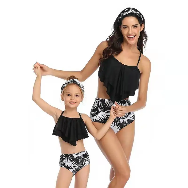 

Family Set Ruffled Mother Daughter Matching Swimsuits High-Waist Mommy and Me Swimwear Leaf Print Women Girls Beachwear Clothes