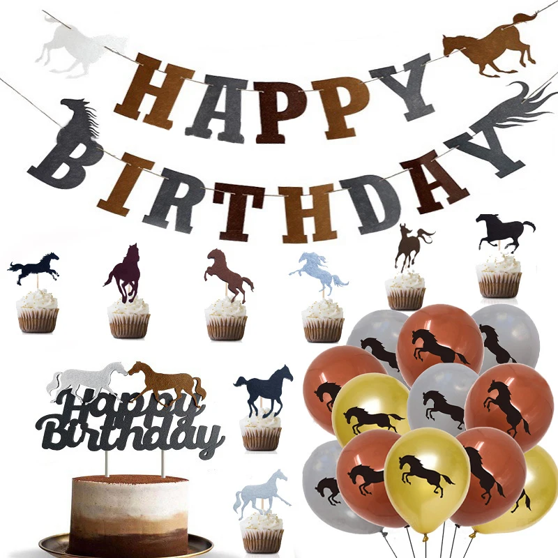 

JOLLYBOOM Horse Racing Theme Balloons Set Happy Birthday Paper Banner Horse Cake Topper for Birthday Party Decorations Supplies