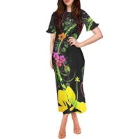 polynesian tribal o neck short sleeve clothing elegant womens dress 2022 plus size women hibiscus flower printing long dress