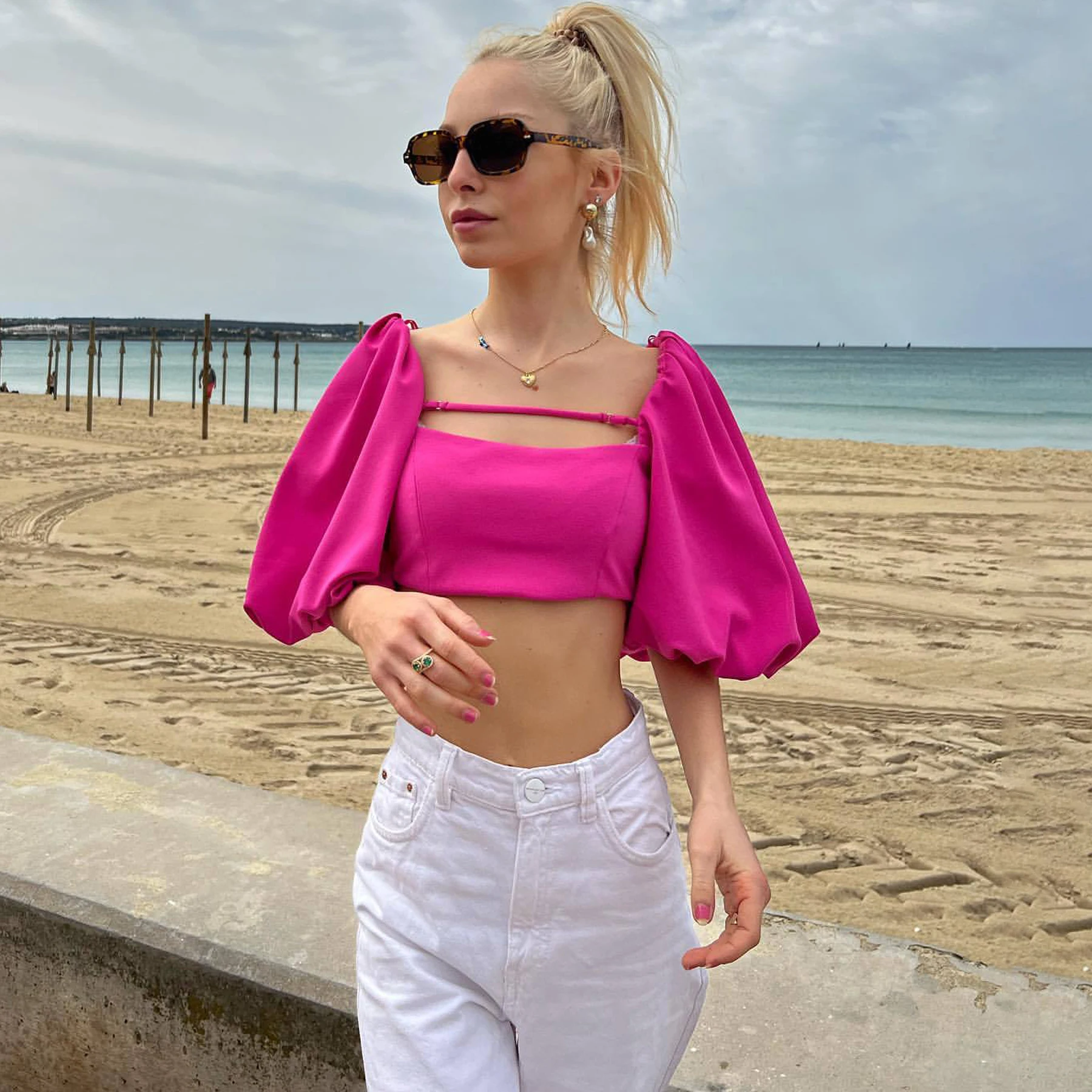 

Женская ажурная рубашка с коротким рукавом-фонариком, Летняя короткая футболка с квадратным вырезом и открытой спиной, Повседневная облега...