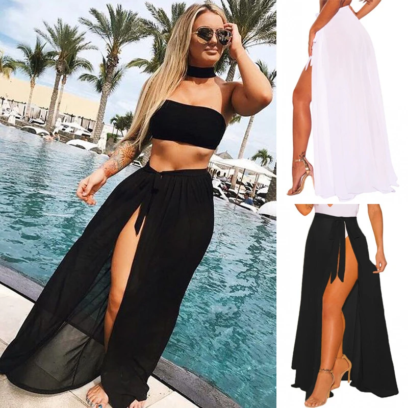 

Pareo Beach Women Clothing Summer 2022 Large Size Dress Swimsuit Cover Up Chiffon Skirt Leisure Sexy Bind Bust Solid Polyester