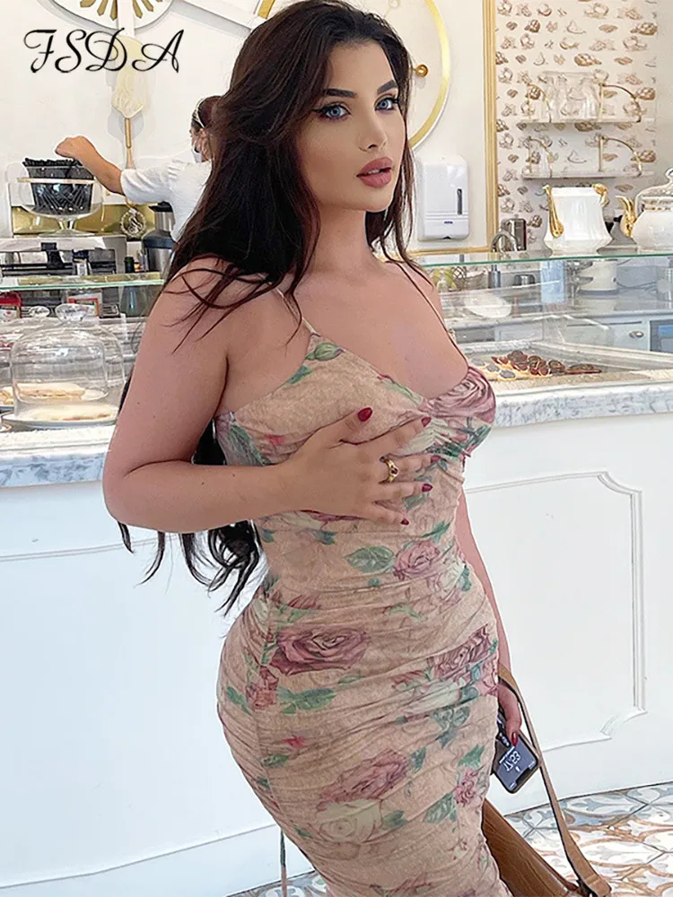 Сексуальное облегающее платье FSDA на бретелях-спагетти с V-образным вырезом