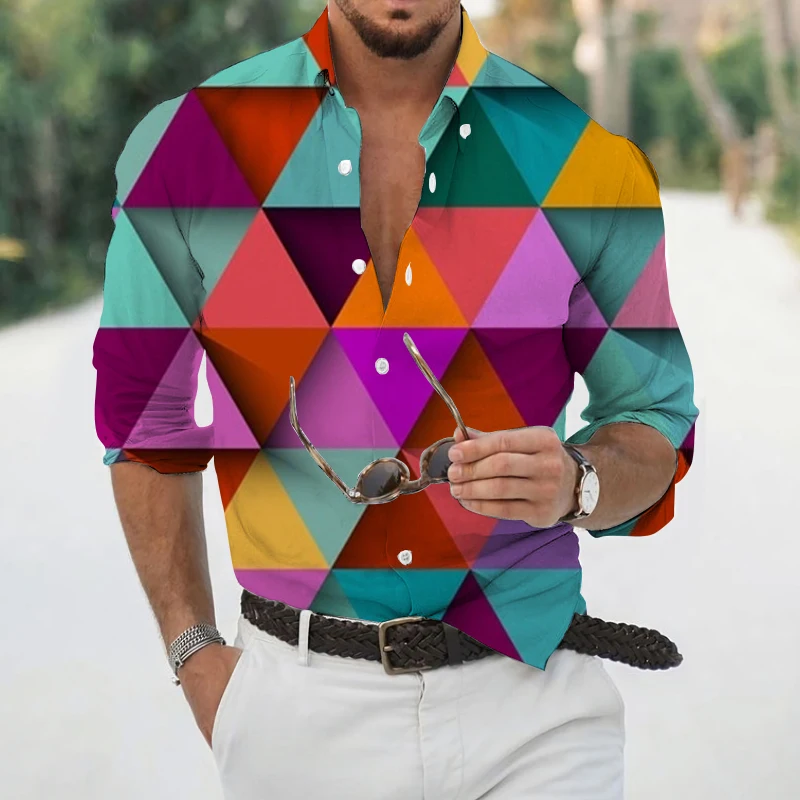 Men's Casual Shirts Streetwear Slim Fit Long Sleeve Shirts Top Men's Spring Autumn Geometric Digital Print Shirts