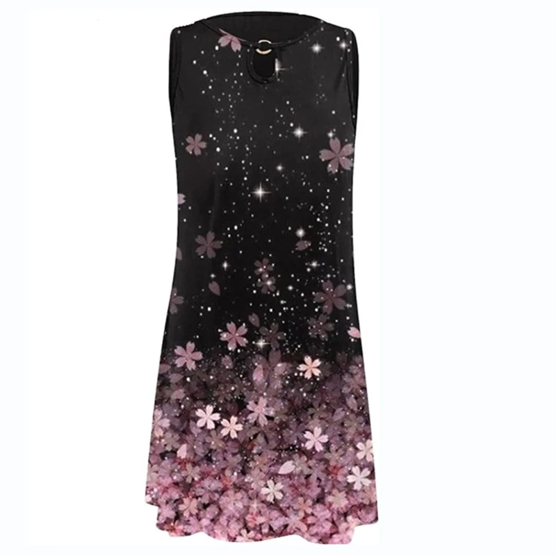 

MXMA Women Cherry Blossom Print Sleeveless Crewneck Keyhole A-Line Midi Tank Dress
