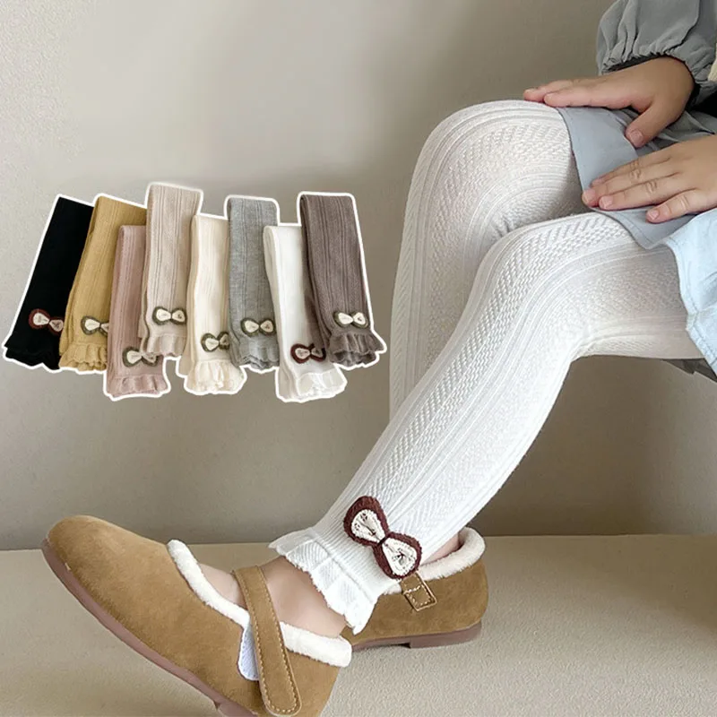 

Леггинсы для маленьких девочек с бантом, весна-осень 2023, мягкие хлопковые эластичные брюки, однотонные детские вязаные брюки, детская одежда