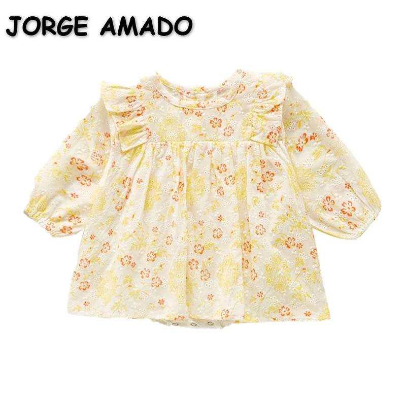

New Autumn Baby Girl Bodysuit Round Collar Yellow Floral Long Sleeves Cotton Round Collar Jumpsuit Newborn Clothing E1310