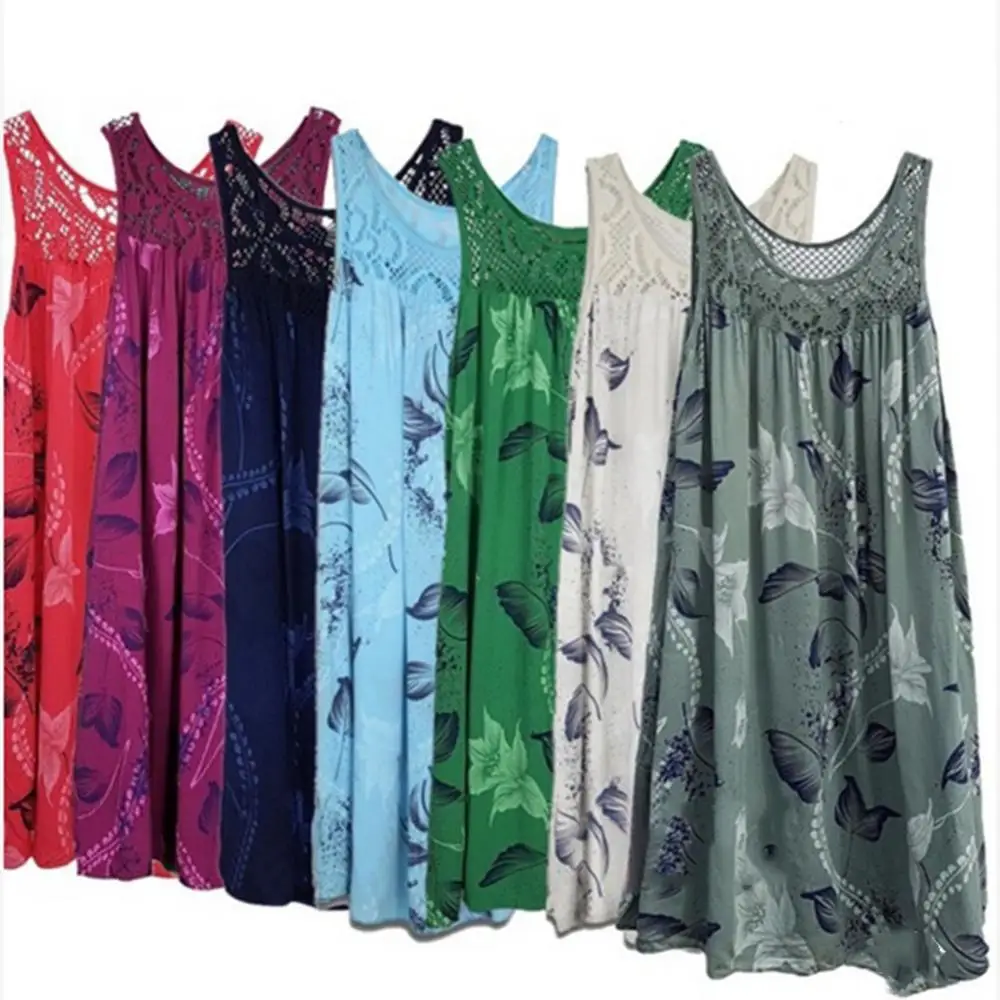 

Ele-choices S-5XL Floral Printed Lace Stitching O-Neck Sleeveless Women Summer Loose Tank Dress for Daily Wear