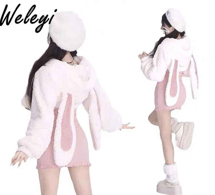 Осенне-зимнее милое платье милая короткая пушистая куртка с капюшоном и заячьими