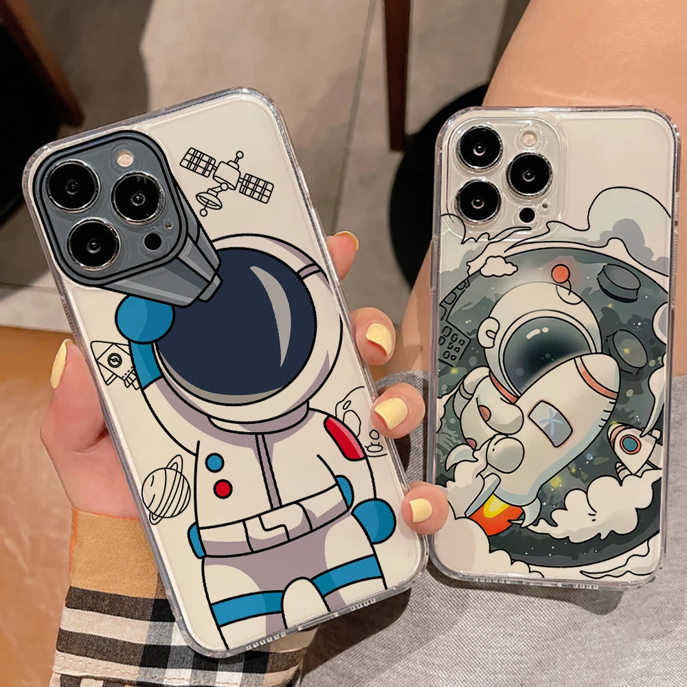 

Cute Cartoon Astronaut Ultra Thin Clear Phone Case For Apple iPhone 11 12 13 Pro Max 12 13 Mini X XR XS Max SE 6 6s 7 8 Plus