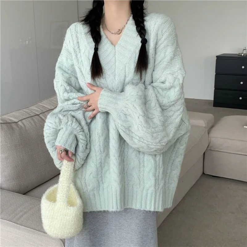 

EBAIHUI Women Sweater New Loose V-Neck Long Sleeve Ladies Knitwear Autumn Winter 2023 Fashion Rope Design Pullover Solid Top