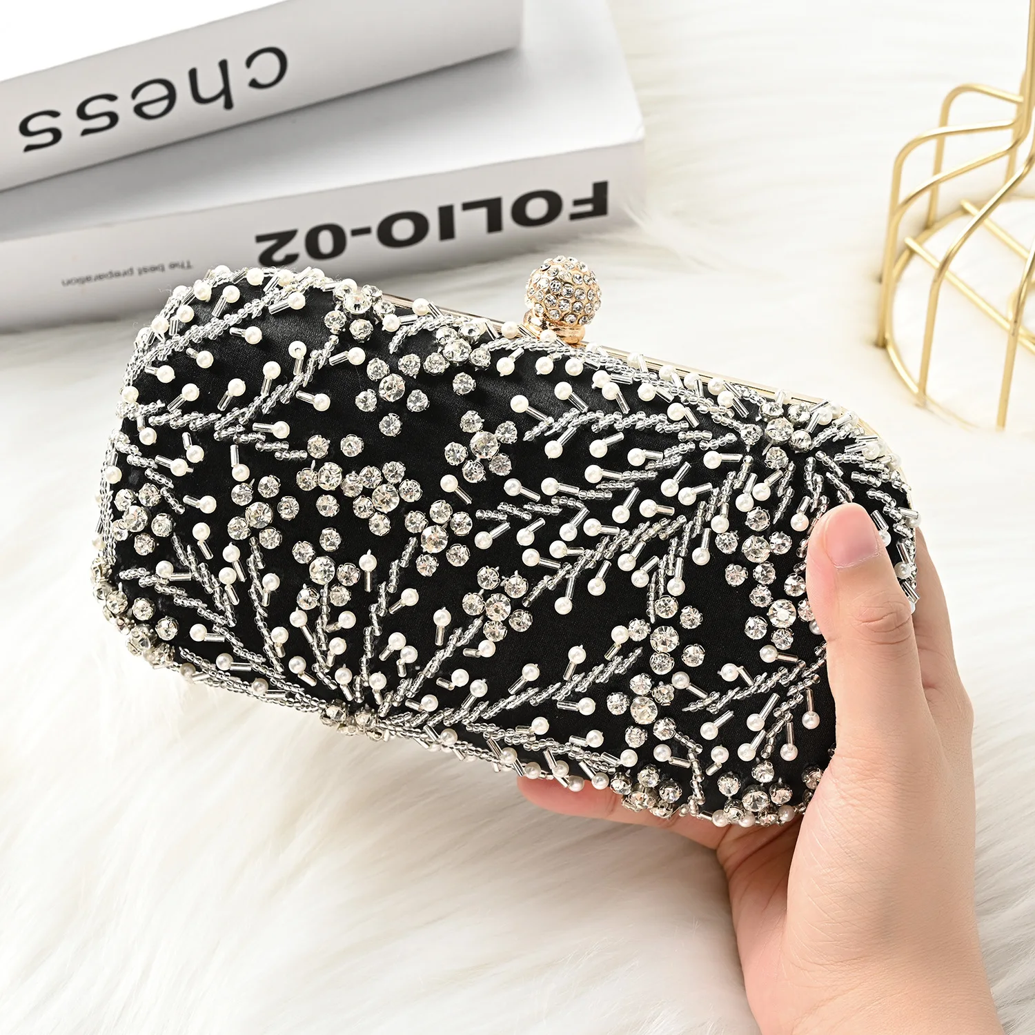 

2022 Women's Evening Bag Crystal Pearl Beading Luxury Clutches Bridal Dinner Party Small Handbag Ladies Metal Chain Shoulder Bag
