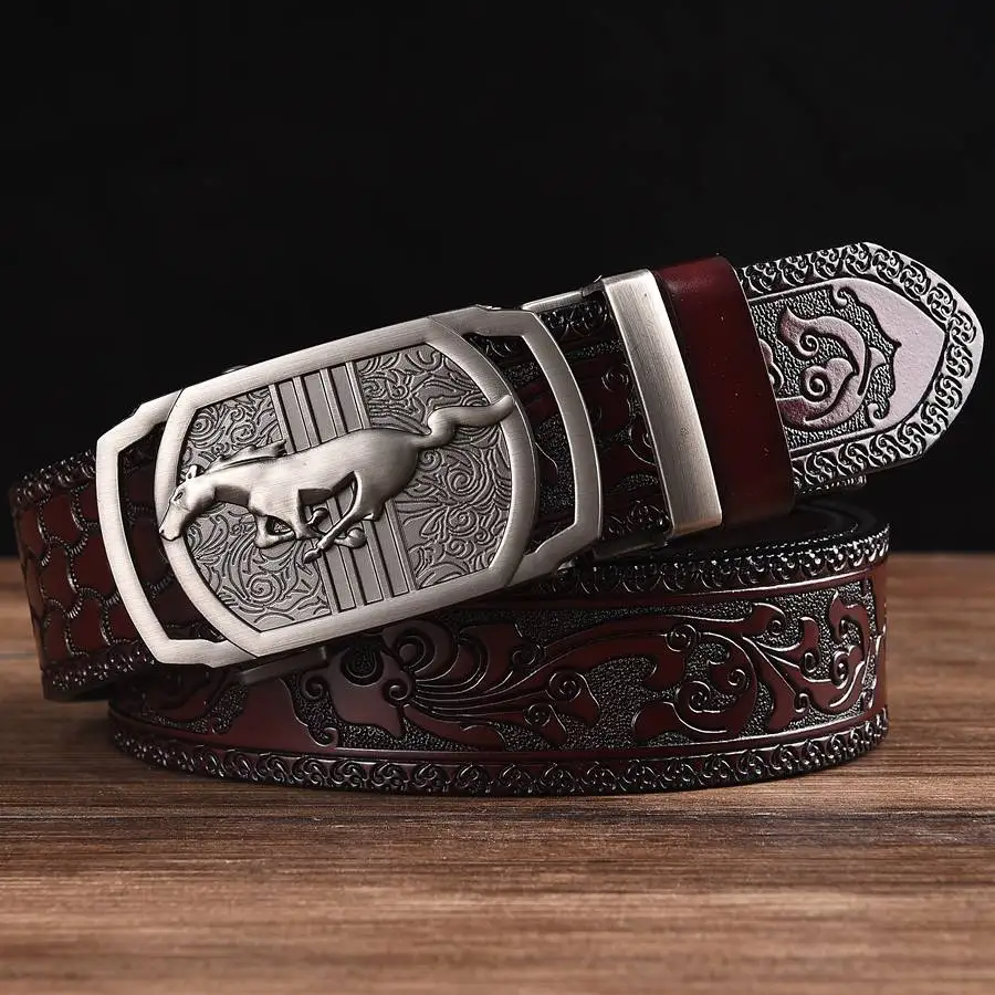 

Men's Leather Ratchet Dress Belt with Automatic Buckle Fashion Men Automatic Buckle Belt Luxury Men`s Leather Belts alloy buckle