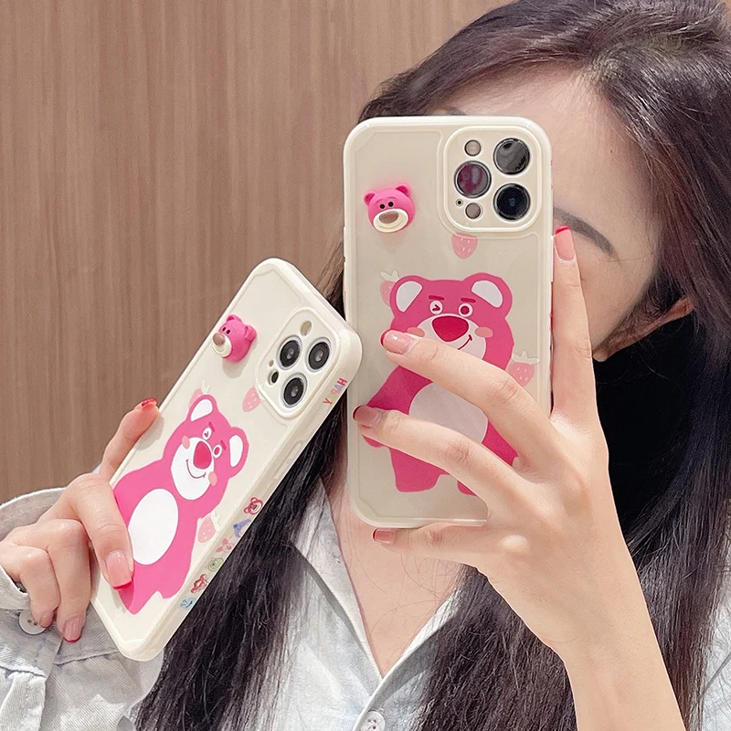 

Disney 3D Strawberry Bear Phone Case for iphone 13 12 Pro Max 11 Plus X Xs Max XR Relief Soft Cover