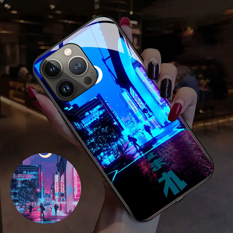Cyberpunk Anime Friend Birthday Gift LED Light Glowing Luminous Phone Case for iPhone 11 12 13 14 X Xs Xr Mini Pro Max Plus