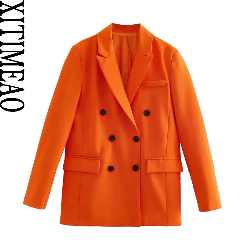 

Xitimeao Women Fashion Double Breasted Office Wear Blazer Coat Vintage Long Sleeve Pockets Female Outerwear Chic Tops