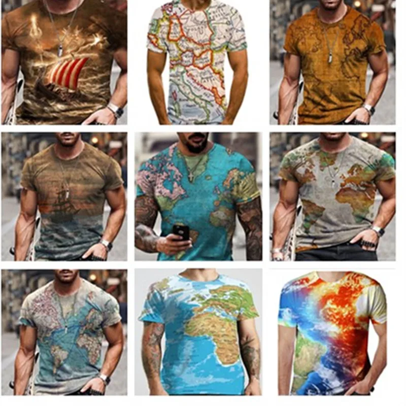 

Global Navigation Map Men's 3D Print T shirt Graphic Optical Illusion Short Sleeve Party Top Street Punk Goth Crew Neck Summer