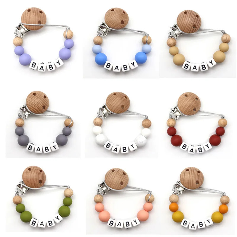 

Personalized Name Custom Nipple Holder Baby Dummy Pacifier Clip Silicone Round Beads Teether Teething Toys Newborn Shower Gifts