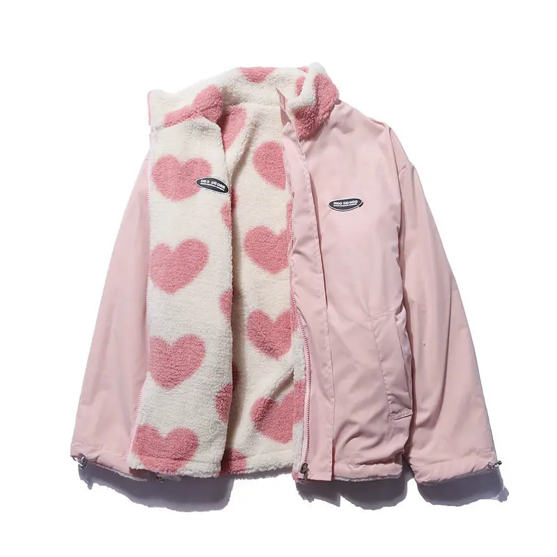 Double-sided heart shape design lamb plush women's coat cotton clothes 2022 winter warm windproof jacket street Y2K clothing