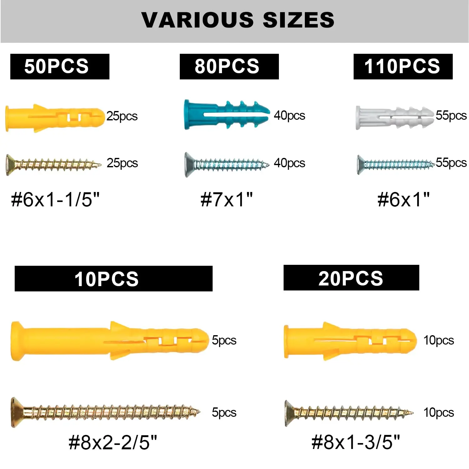 Ассортимент анкеров и винтов для гипсокартона KURUI 270 шт. 135 пластиковых настенных