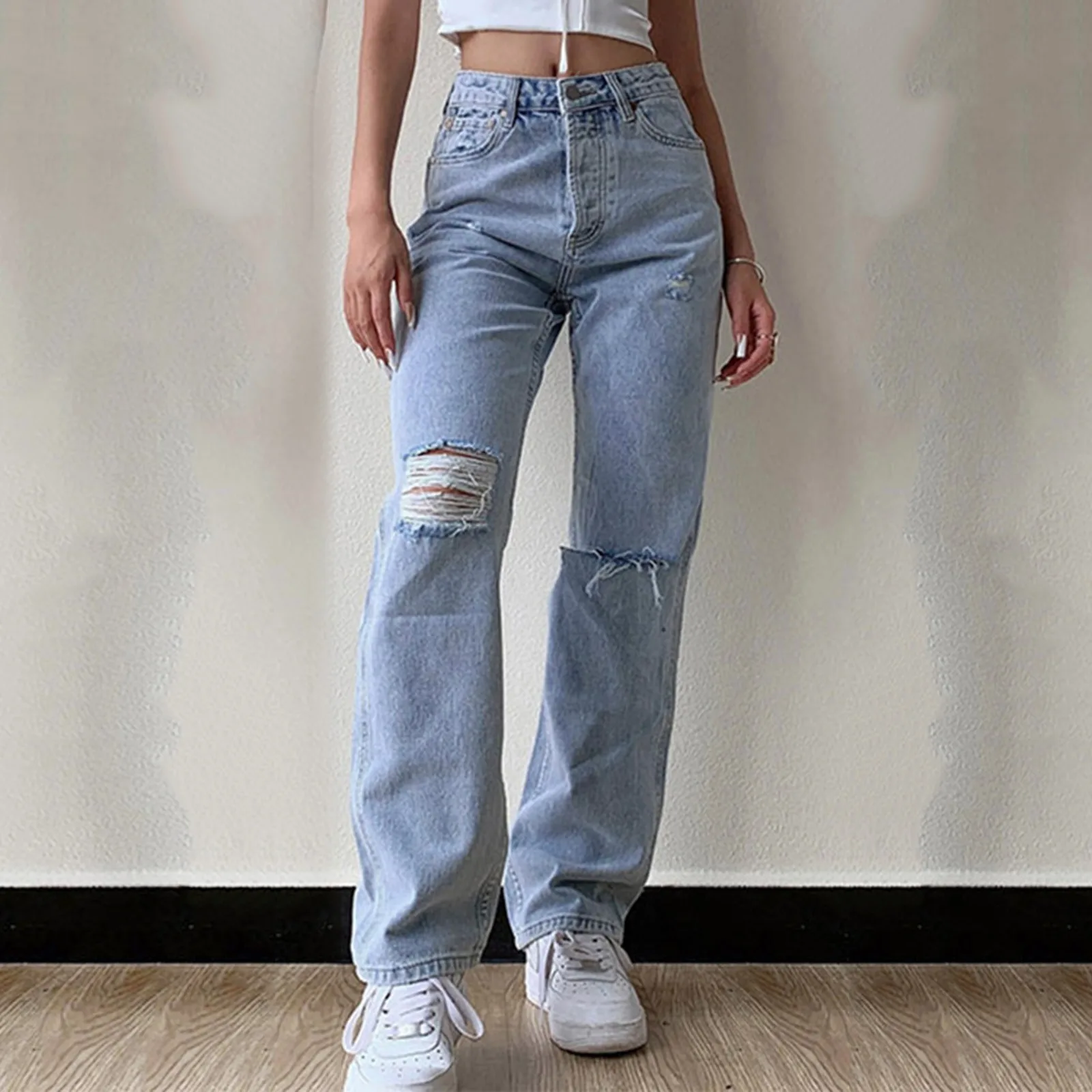 

Women Jeans Ripped High Waist Y2k Jeans Ladies Vintage Loose Hole High Waist Denim Jeans Loose Straight Wide Leg Denim Trousers
