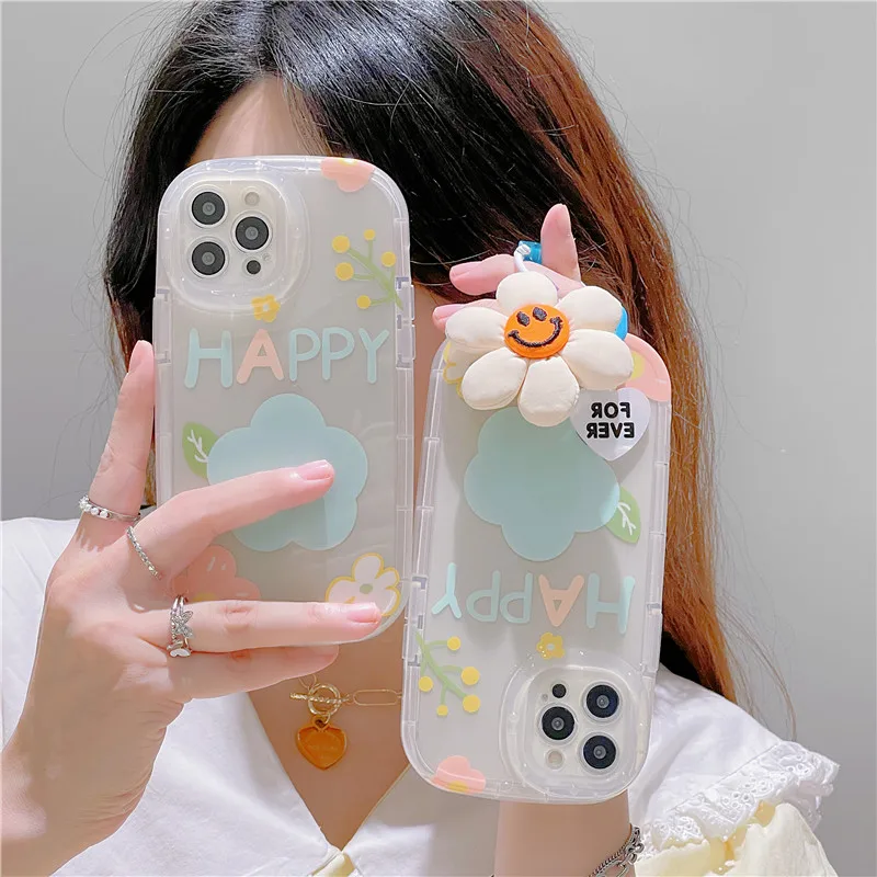 

Korean ins Clear Cute Girly Floral Pendant Phone Case For iPhone 14Pro Max 11 12 13 13proMax Shockproof Silicone Soft Back Cover