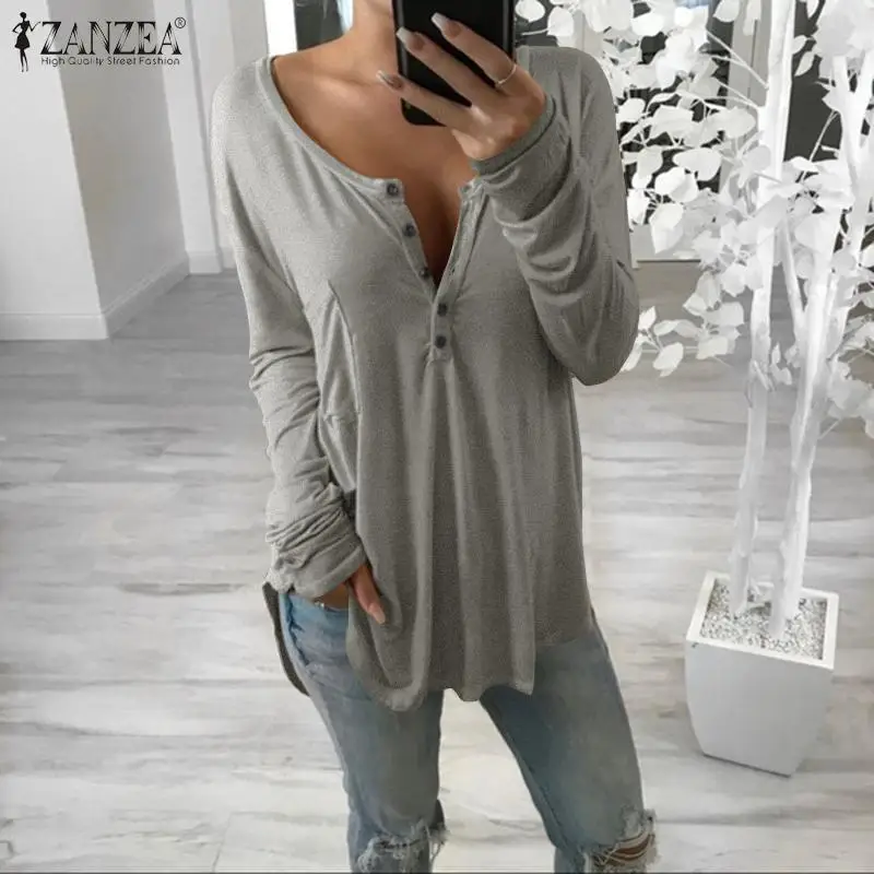 

Female Casual Knitted Tops ZANZEA Fashion Solid T-Shirts Women Long Sleeve Blusas Spring Autumn O Neck Tees Oversized OL Chemise