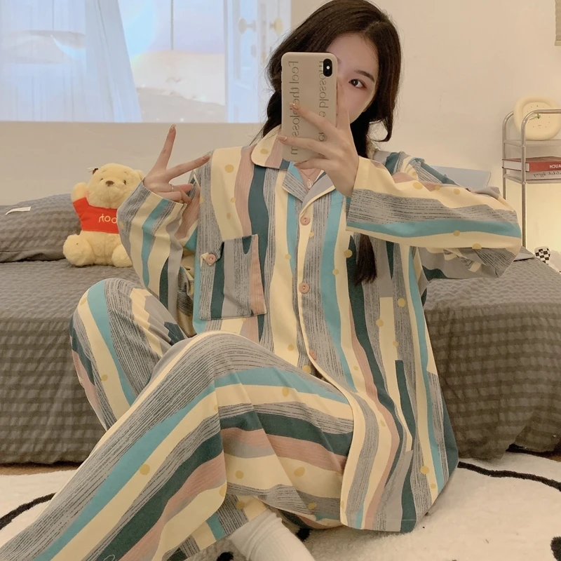 Spring Autumn Women Fashion Lapel Pajamas Faux Cotton Soft Long Sleepwear Stes