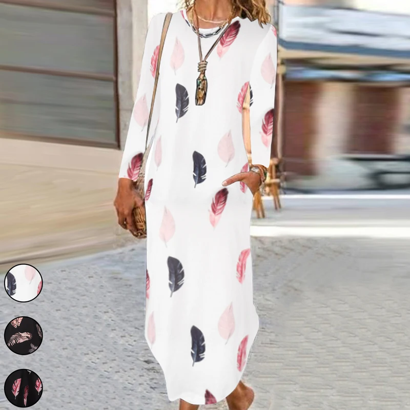 

Women Autumn Pattern Print Long Sleeve Dress Elegant O Neck Loose Pullover Long Dress Fashion Casual O Neck Pockets Loose Dress