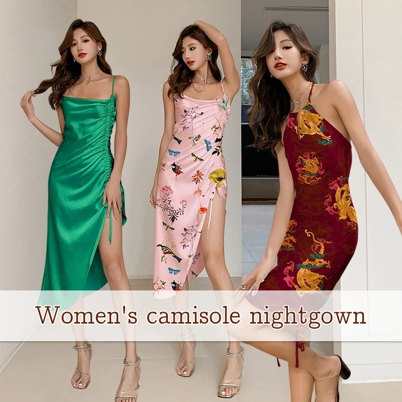 

Women Sexy Suspender Dress Satin Summer Nightgown Silk Split Drawstring V Neck Medium-long Nightdress Print/Soild Home Clothes