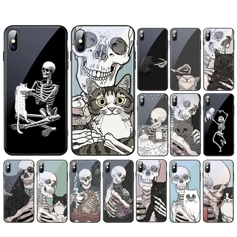 

Cartoon Skeleton Skull Cat Art Glass phone case For iphone 15 14 13 Pro Max 12 11 Pro Max Mobile Phone Case Funda