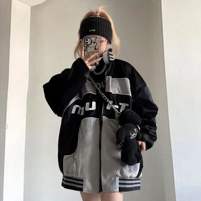 

Hip Hop American High Street Jackets Black Gray Letter Patchwork Women Vintage Bomber Outerwear Fashion Preppy Style Y2k Coats