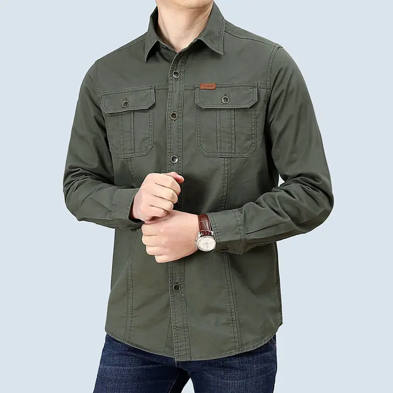High End Luxury2022Autumn High Quality Men's Shirt Long Sleeve100%Cotton Lapel Three-dimensional Pocket Loose Shirt Work Clothes