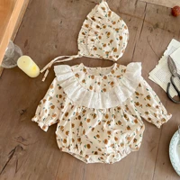 2022 autumn new baby girl floral long sleeve bodysuit hat infant outfits flower print baby girl cotton princess jumpsuit