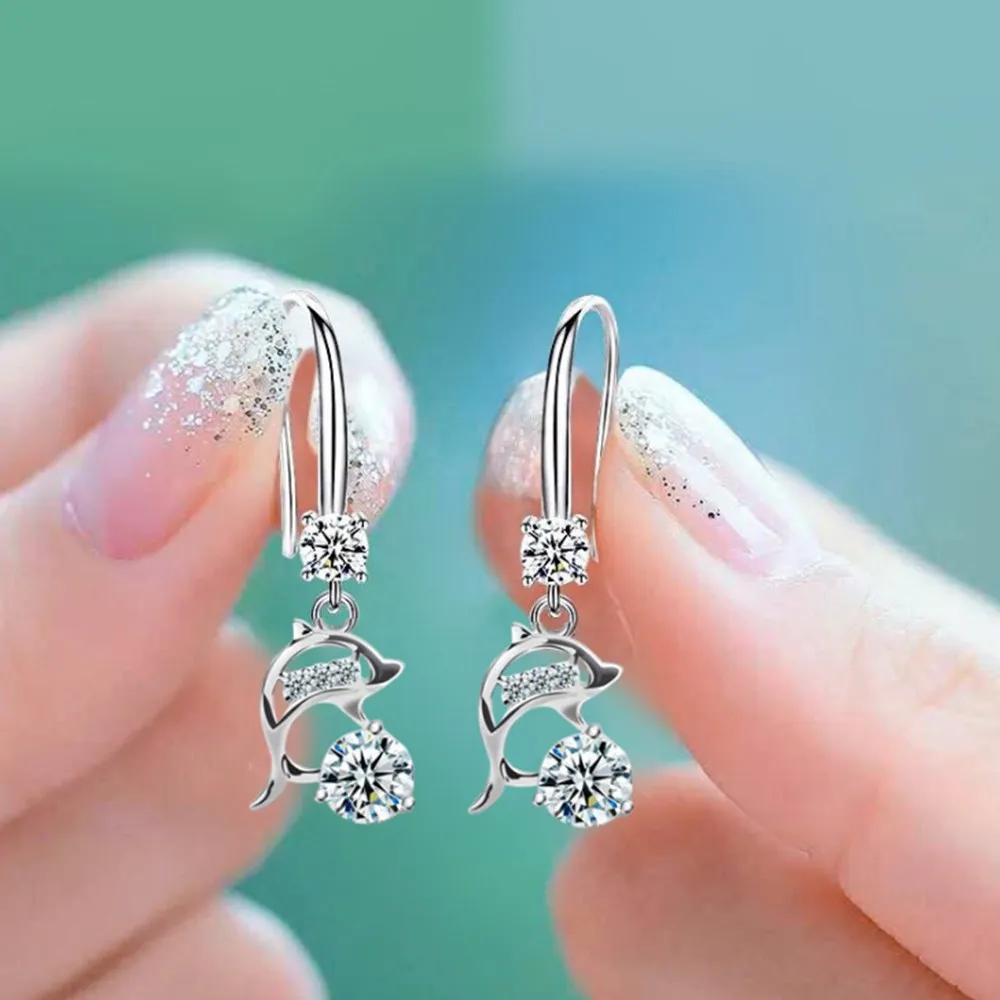 

Wholesale S925 Sterling Silver Women Fashion Jewelry Purple Pink Crystal Zircon Dolphin Tassel Swan Drop Earrings