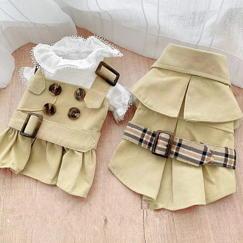 Khaki Dog Couple Suit Fashion Windbreaker Spring Autumn Dress Princess Skirt Chihuahua Yorkshire Poodle Vintage Button Cat Coat
