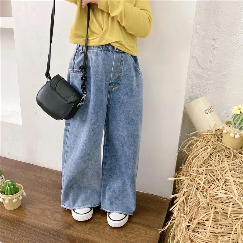 

Girls spring and autumn Korean version mopping pants retro loose wide-leg pants girls denim straight pants trousers
