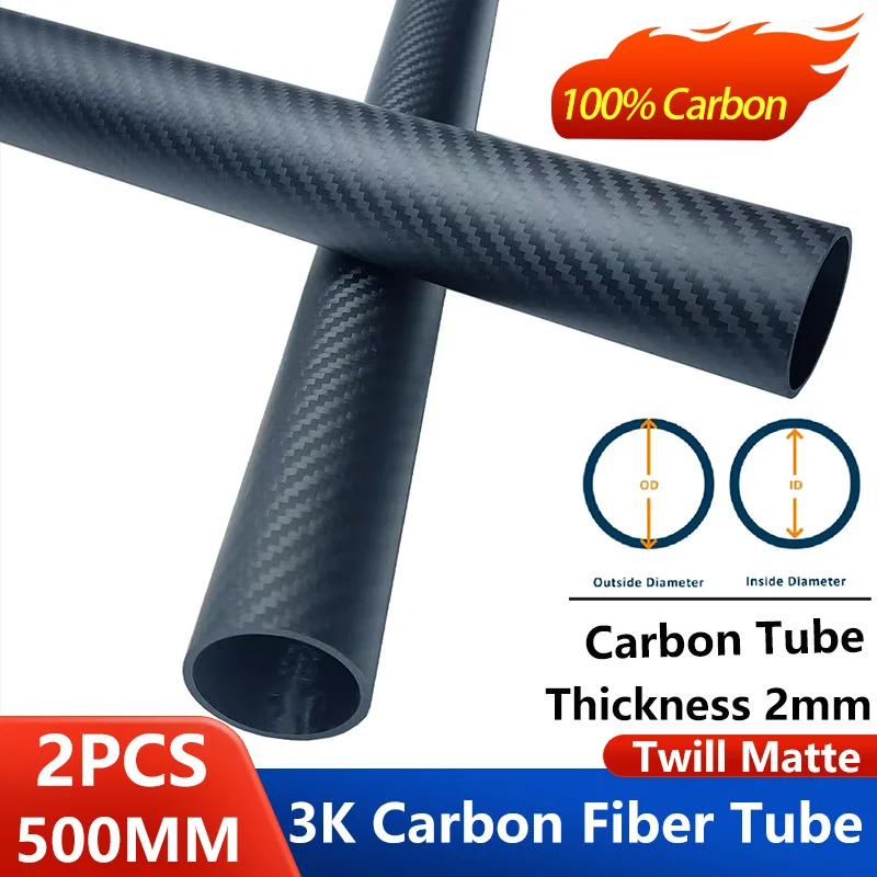 

2 шт., длина 500 мм, саржевая матовая трубка из углеродного волокна 3k, толщина стенки 2 мм, полая трубка из углеродного волокна, высокопрочная карбоновая трубка