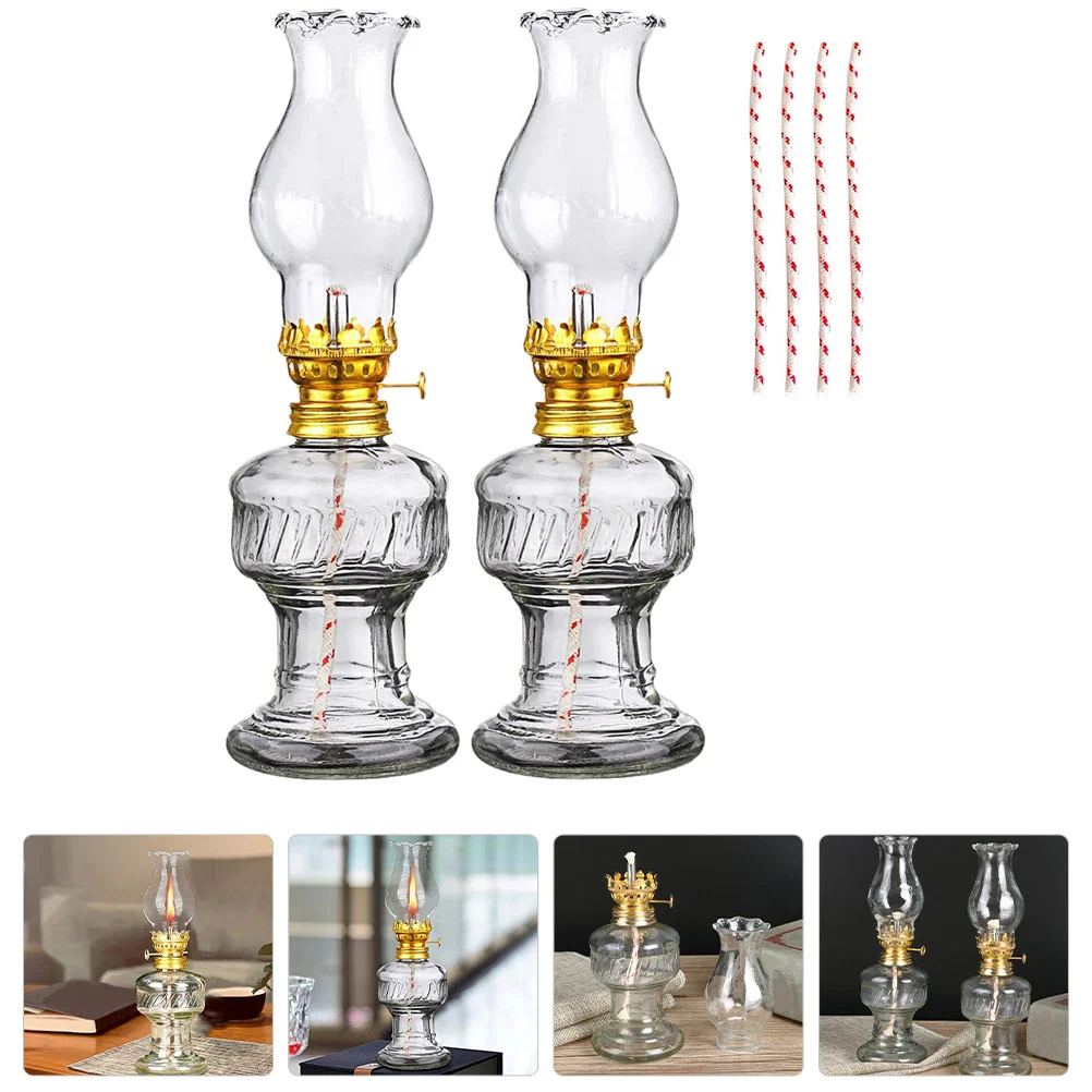 

Clear Kerosene Oil Lamp Lantern 2 Sets Classic Oil Lamp with Glass Lampshade and 4 Cotton Wicks Vintage Chamber Oil Lamp