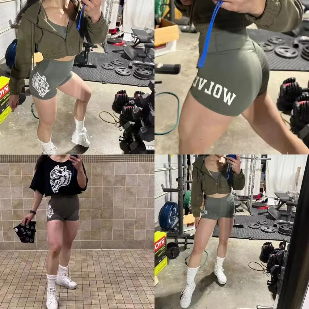 Darc Women Sports Shorts Oversized Wolf Head Printed Elastic Quick Drying Bottom Gym Workout Push Up Darc She Fitness Yoga Short