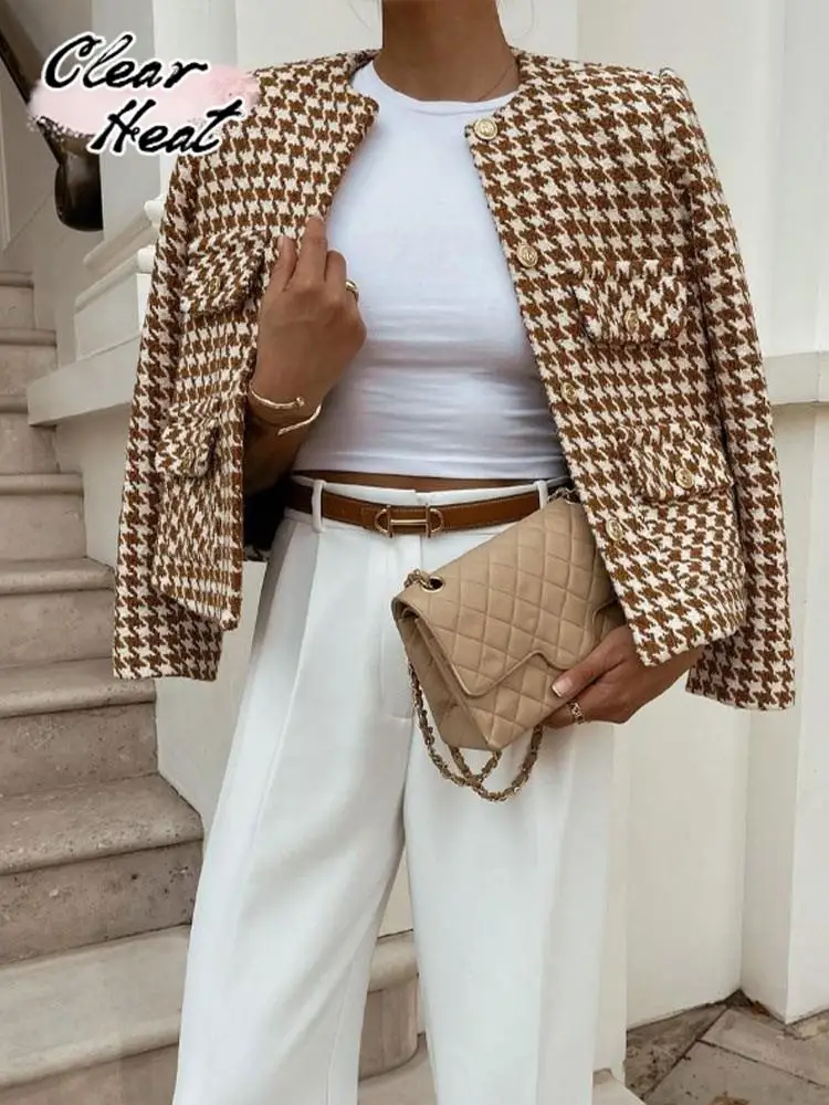 

Женский твидовый пиджак, элегантный клетчатый укороченный пиджак с длинным рукавом, на пуговицах, потертый, уличный стиль, пальто с карманами, осень 2023