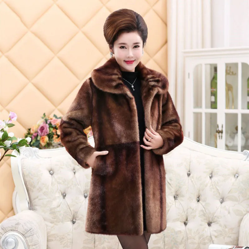 

Модная женская куртка из искусственного меха норки, зимнее популярное пальто для женщин среднего возраста, толстые теплые куртки средней длины с большим меховым воротником, женские топы R1633