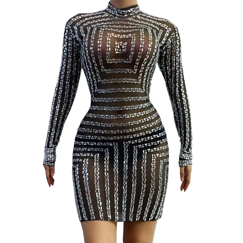 

Стразы, сексуальное блестящее Сетчатое прозрачное короткое платье, одежда для вечеринки, танцевальная одежда певицы