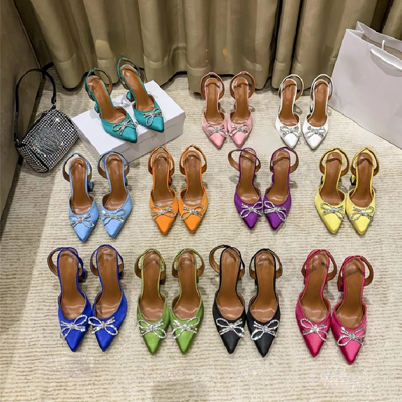 

Pointed rhinestone bow sandals women 2021 summer new style closed toe wine glass high heel sandals women shoes