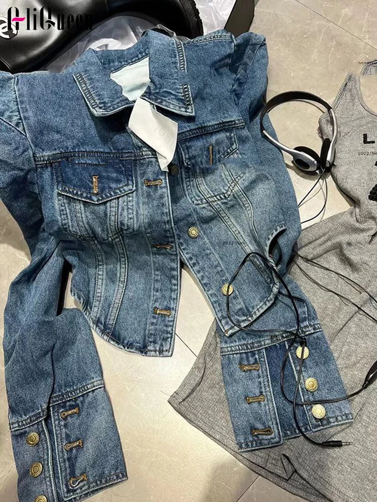 

Куртка женская джинсовая короткая с длинными рукавами-фонариками, повседневный укороченный топ в стиле ретро, в стиле хип-хоп, синяя верхняя одежда в Корейском стиле