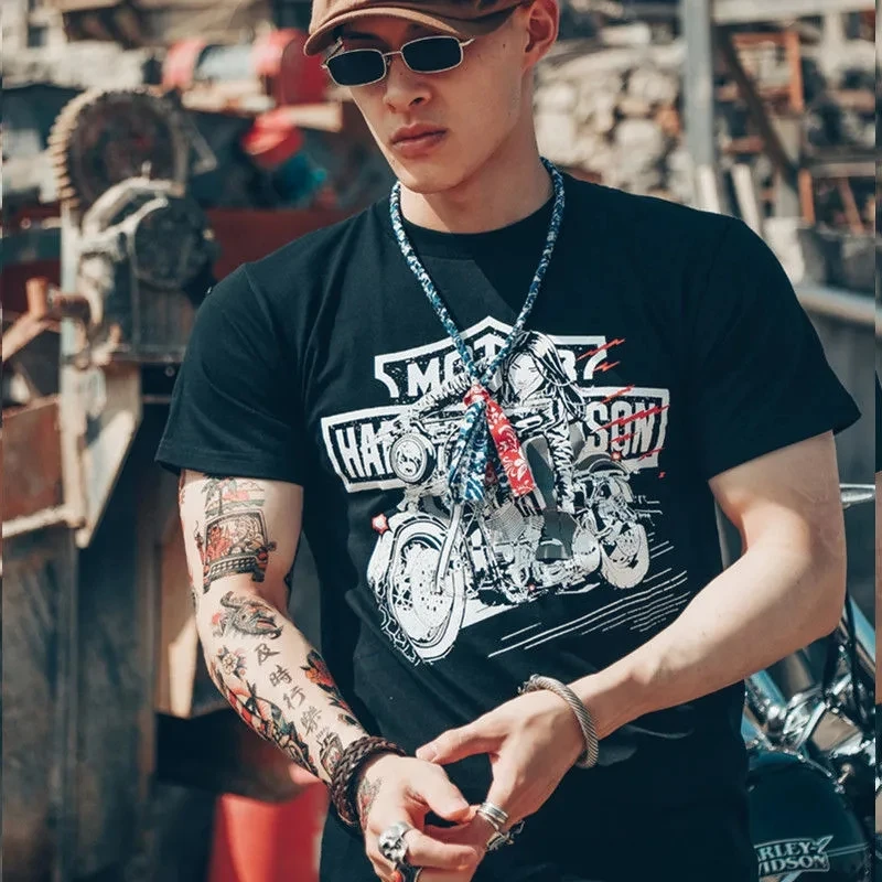 

2022 Summer New Men's t-shirt Black Motorcycle Print Short Sleeves Casual Top Tees O-Neck Vintage Cotton T-Shirt Hip Hop Clothes