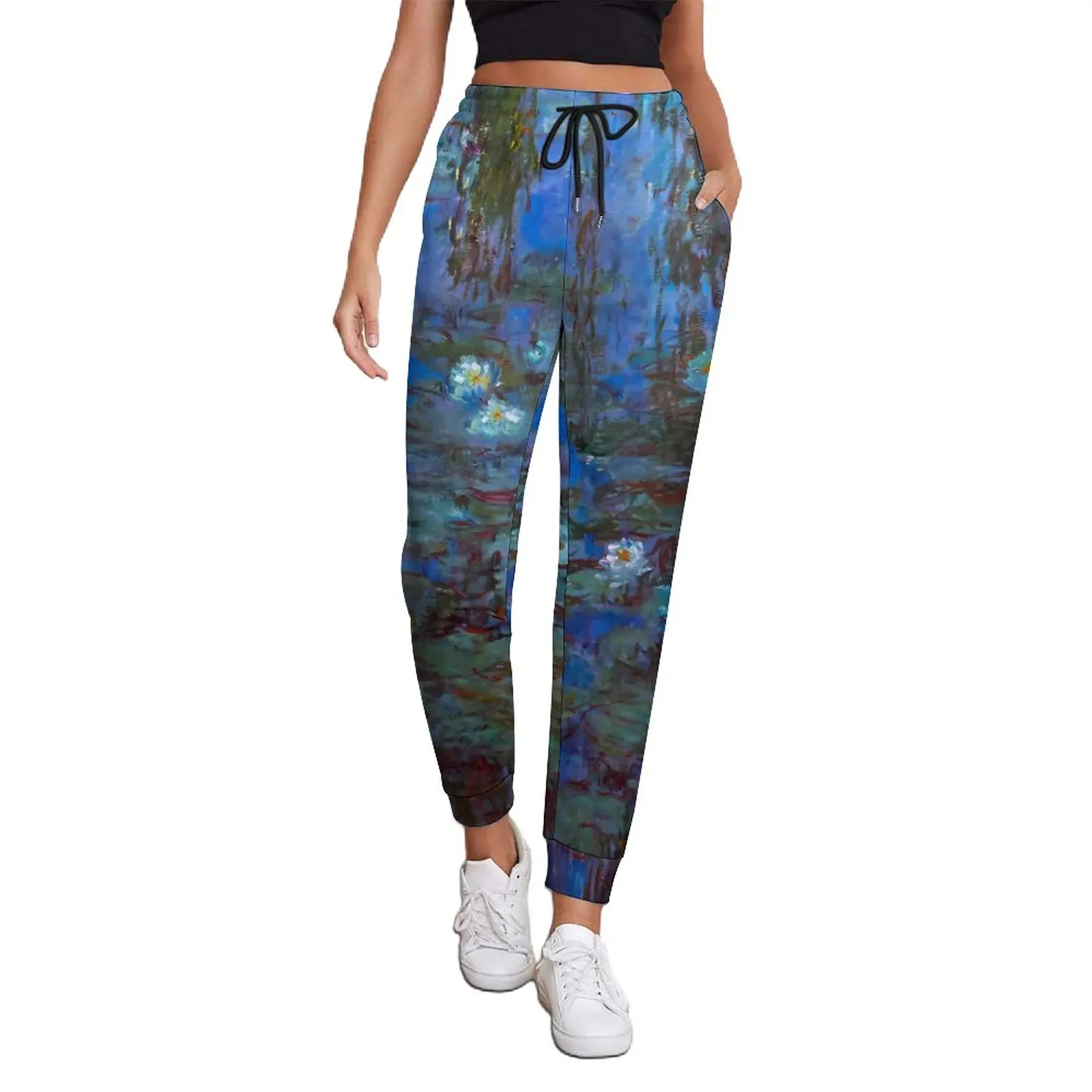 

Брюки женские синие с принтом лилии, джоггеры Клода Моне в стиле Харадзюку, повседневные брюки оверсайз с графическим принтом, подарок на де...