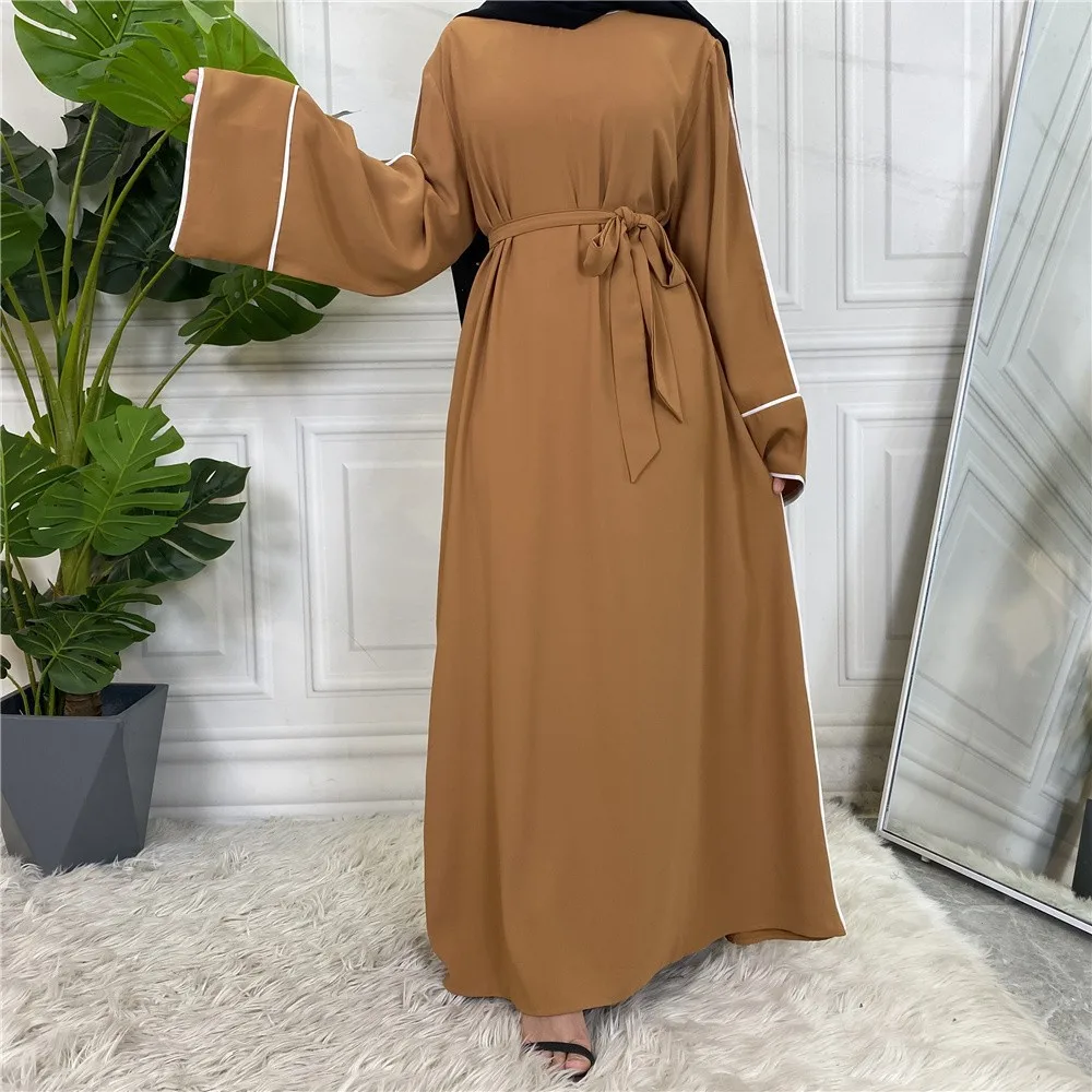 Simple Style 2023 New Fashion Muslim Women Plain White Edge Net Color Large Size Lace-up Dress Abaya Dress Long Dresses