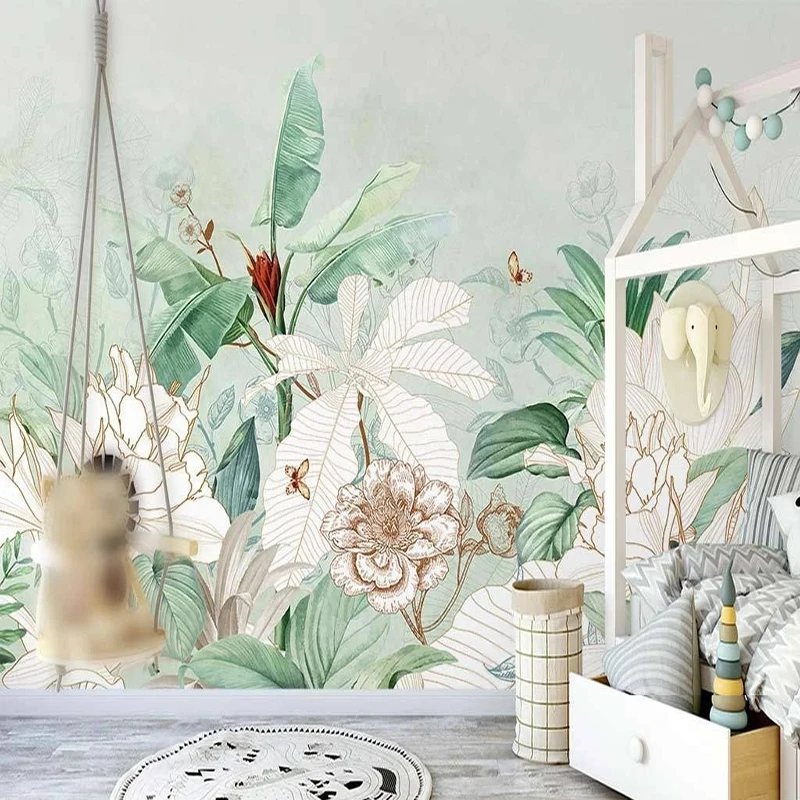 

Custom Mural Wallpaper Nordic Ins Tropical Rainforest Pastoral Plant Flowers Fresco Living Room Bedroom Home Decor Wall Painting